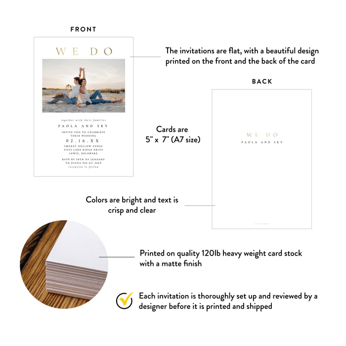 Photo Wedding Invitation with White and Gold Design Personalized Card