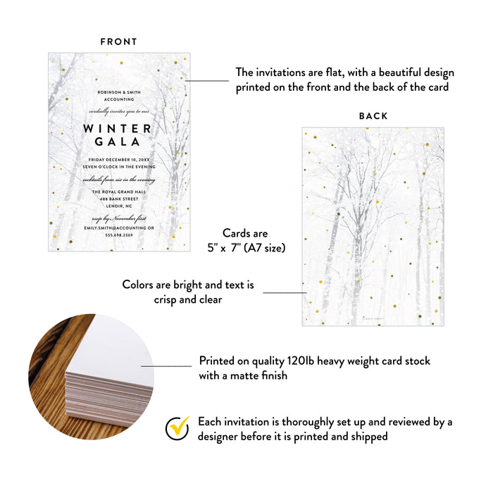 Winter gala invitation card with front and back views, details on card size, material, and design quality.