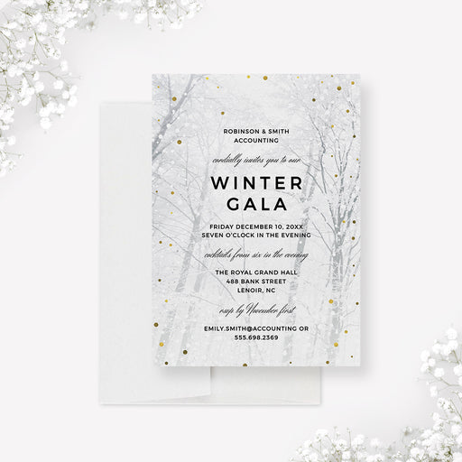 a white and gold winter gala invitation 