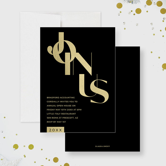Business Event Party Invitation Template Digital File in Black and Gold, Elegant Open House Invitation Instant Download