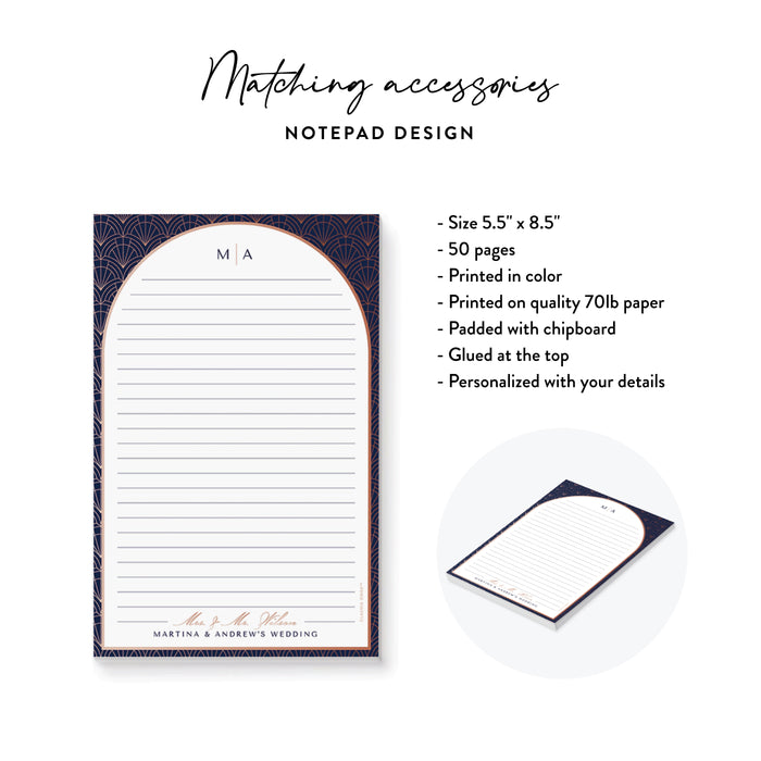 Elegant Navy and Rose Art Deco Wedding Invitation