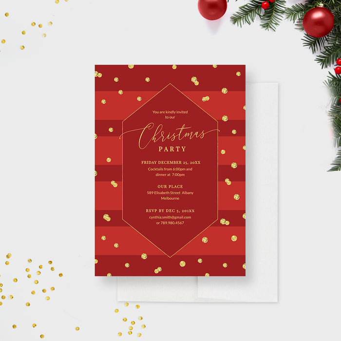 Elegant red and gold Christmas party invitation featuring modern striped background, gold confetti accents, and elegant calligraphy typography.