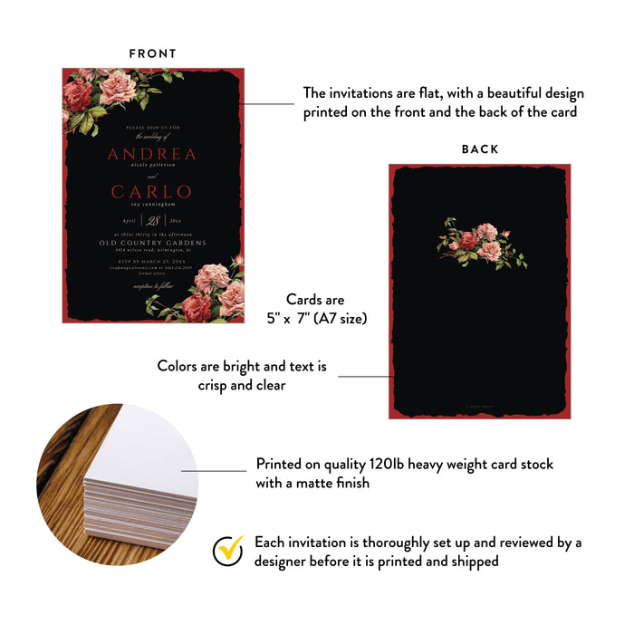Elegant Black and Red Floral Wedding Invitation