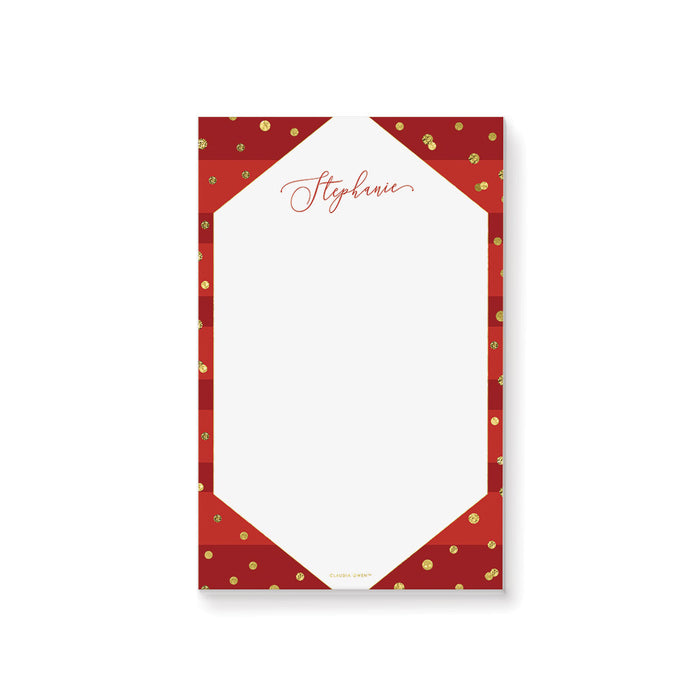 Red and Gold Christmas Notepad, Elegant Holiday Writing Paper, Stationery Memo Pad Personalized with Your Name