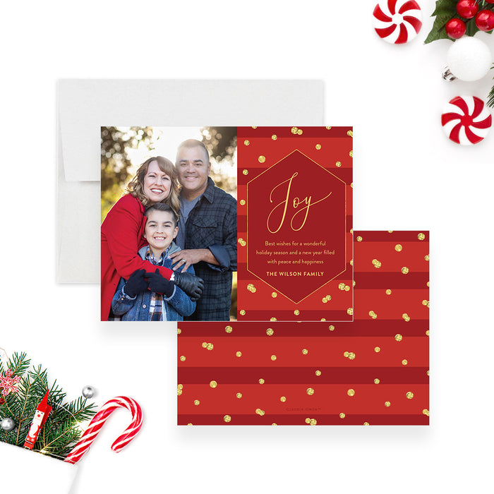 Red and Gold Christmas Photo Card, Elegant Family Picture Card, Personalized Photo Note Card, Family Holiday Card