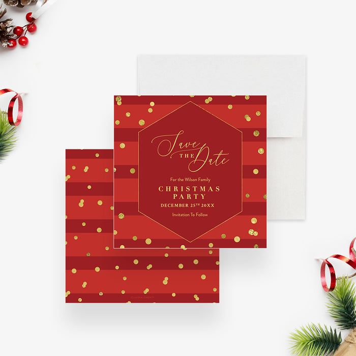 Red and Gold Save the Date for Christmas Party, Christmas Cocktail Save the Date, Red Save the Date for Christmas Family Dinner Celebration