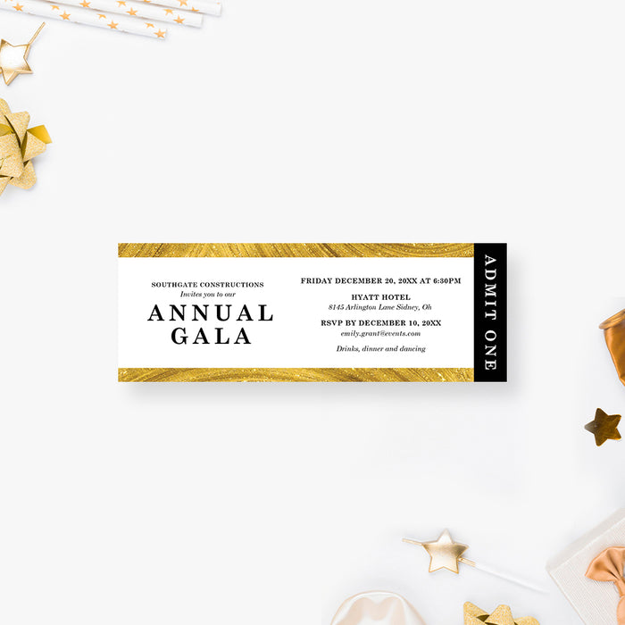 Black and Gold Ticket Invitation for Annual Gala Party, Company Business Event Ticket Invites, Company Charity Ball Tickets