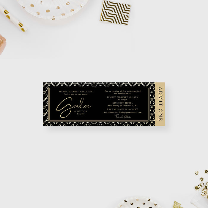 Elegant Ticket Invitation Card for Gala Party with Golden Seamless Pattern, Auction Night Themed Invites, Fundraising Party Ticket Pass