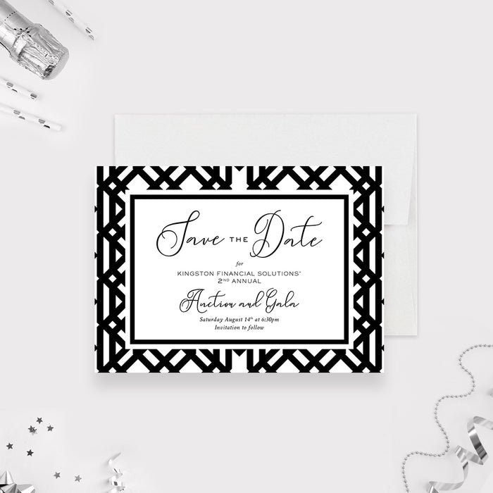 Monochrome Save the Date Card for Annual Auction Celebration, Black and White Save the Date for Company Gala Party, Save the Date for Business Event with Geometric Pattern