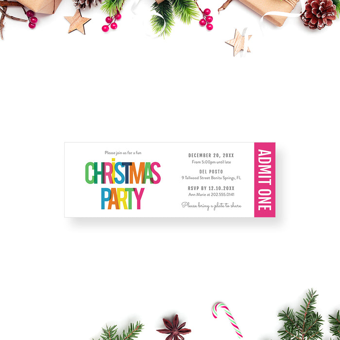 Colorful Ticket Invitation Card for Christmas Party, Christmas Dinner Ticket Invites, Christmas Eve Party Tickets in Bright Colors