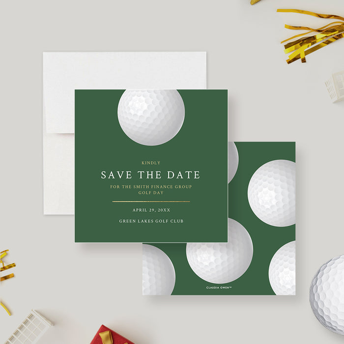 Golf Themed Birthday Party Save the Date Card in Green and Gold, Golf Masters Save the Date, Elegant Save the Dates for Golf Tournament