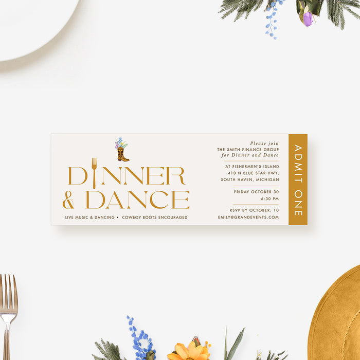 Dinner and Dance Ticket Invitation for a Country-Style Party, Western Dance Party Invites