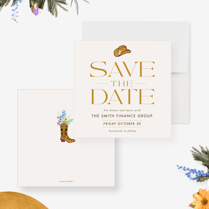 Western-Inspired Save the Date Card with Cowgirl Boots, Country-style Save the Dates