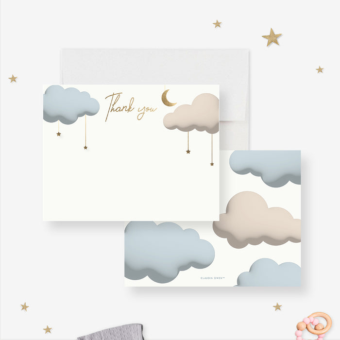 We're Over The Moon Baby Shower Thank You Cards, Baby Shower Thank You Notes with Clouds and Stars, Cute Baby Nursery Stationery with Envelopes
