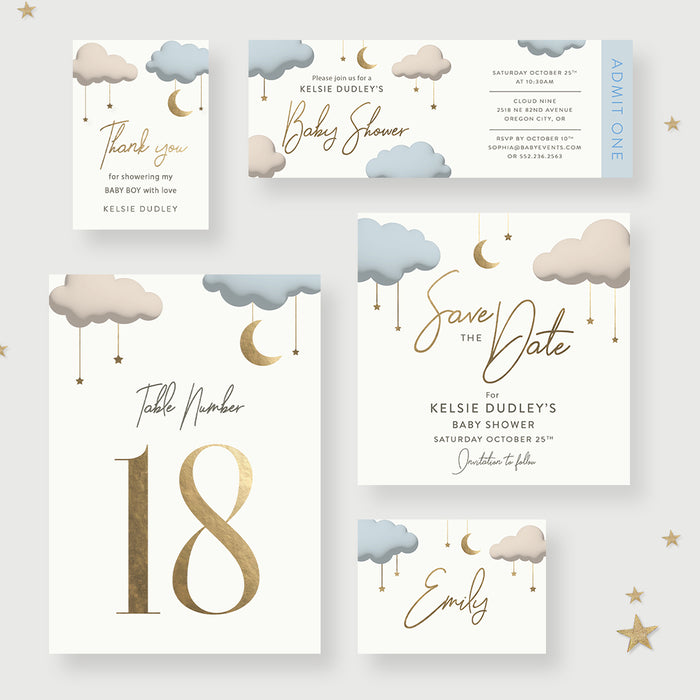 We're Over The Moon Baby Shower Invitation Card, Cute Baby Shower Invites with Moon Clouds and Stars