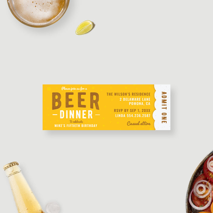 Fun Beer Themed Dinner Ticket Party Invitation Card, Beer Themed Birthday Celebration, Hoppy Birthday Party Invitations