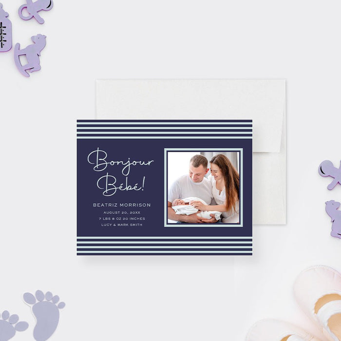 Baby Boy Announcement Card with Stripes, Bonjour Bebe Birth Announcement with Photo, Navy Blue Announcement Card for Newborn