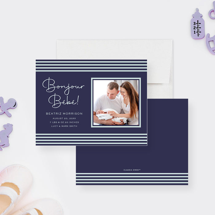 Baby Boy Announcement Card with Stripes, Bonjour Bebe Birth Announcement with Photo, Navy Blue Announcement Card for Newborn