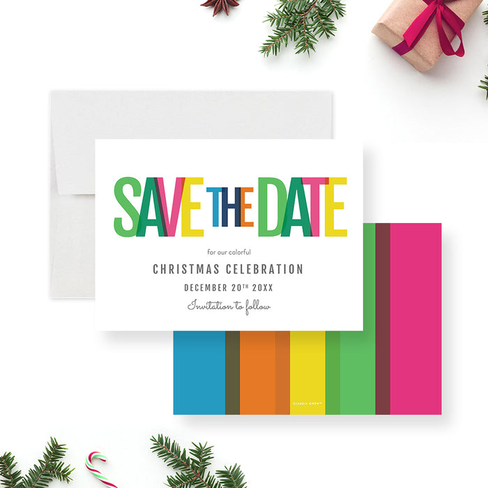 Colorful Save the Date Card for Christmas Party, Merry and Bright Christmas Save the Dates, Modern Birthday Save the Date