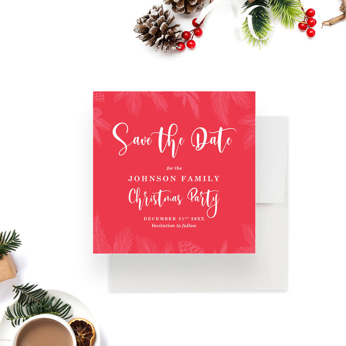 Red Save the Date Card for Christmas Party with Pine Boughs and Pine Cones, Holiday Save the Date Invites, Xmas Save the Date Cards