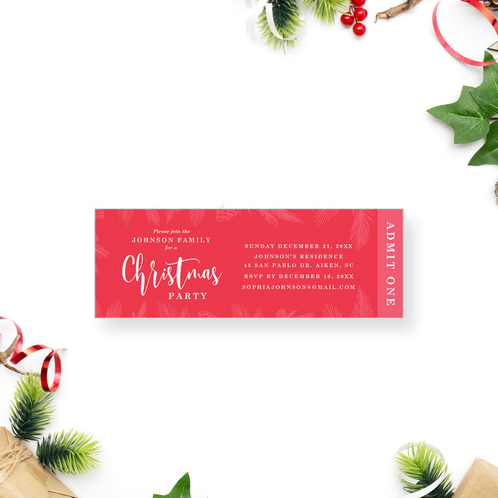 Red Ticket Invitation Card for Christmas Party, Holiday Ticket Invites with Pine Boughs and Pine Cones