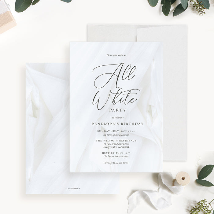 All White Birthday Dinner Party Invitation, All White Summer Event for Adults