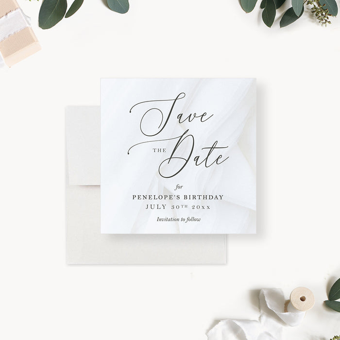 Birthday Save the Date Card for All White Theme Party, Simple Save the Dates Invitations
