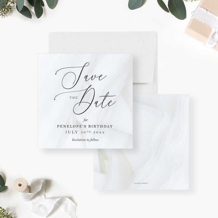 Birthday Save the Date Card for All White Theme Party, Simple Save the Dates Invitations