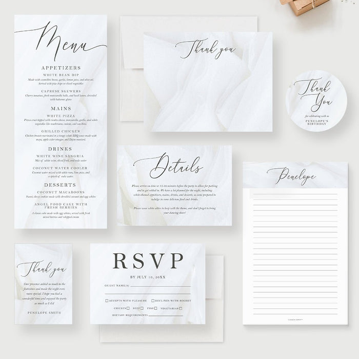 All White Birthday Dinner Party Invitation, All White Summer Event for Adults