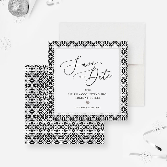 Classic Black and White Holiday Soiree Save the Date Card with Winter Snowflake Theme