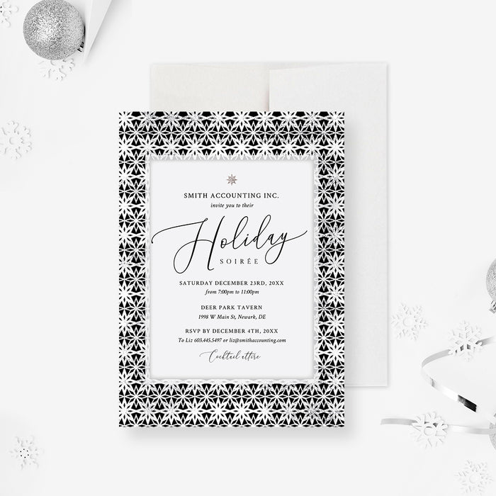 Holiday Soiree Invitation Card with Snowflake Border, Winter Business Christmas Party