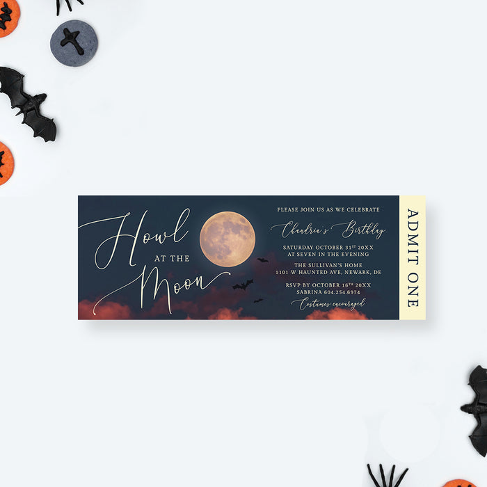 Howl at the Moon Birthday Party Ticket Invitation, Spooky Halloween Celebration Invite