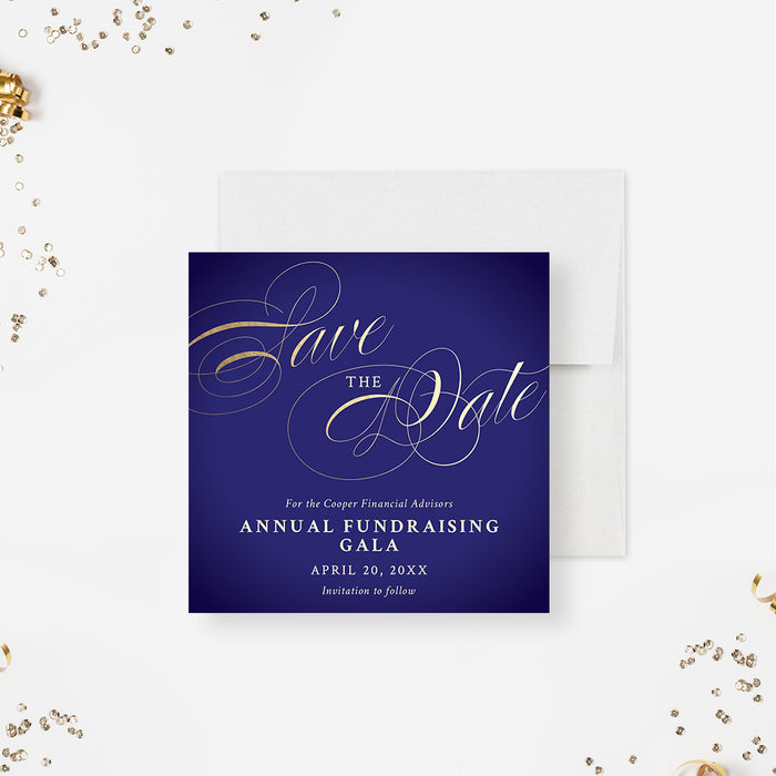Save the Date Card for Gala Night in Royal Blue and Gold, A Night of Fun and Philanthropy