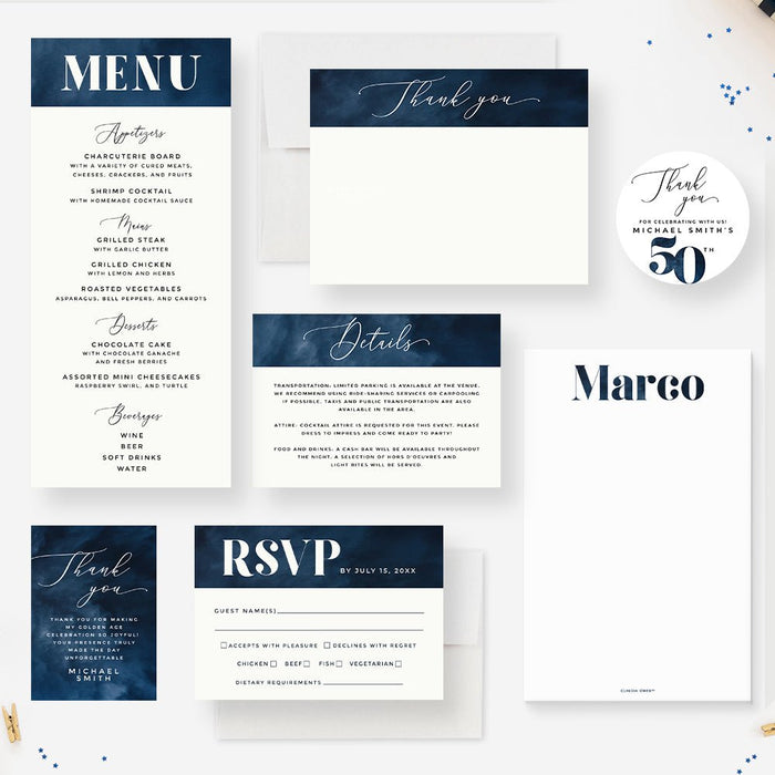 50th Birthday Party Invitation for Men in Navy Blue, Celebrate Half a Century in Style