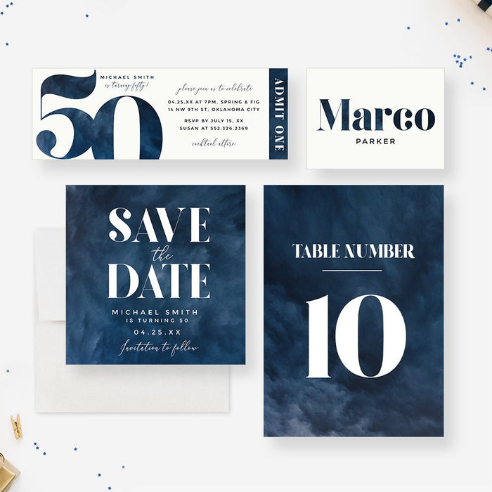 50th Birthday Party Invitation for Men in Navy Blue, Celebrate Half a Century in Style