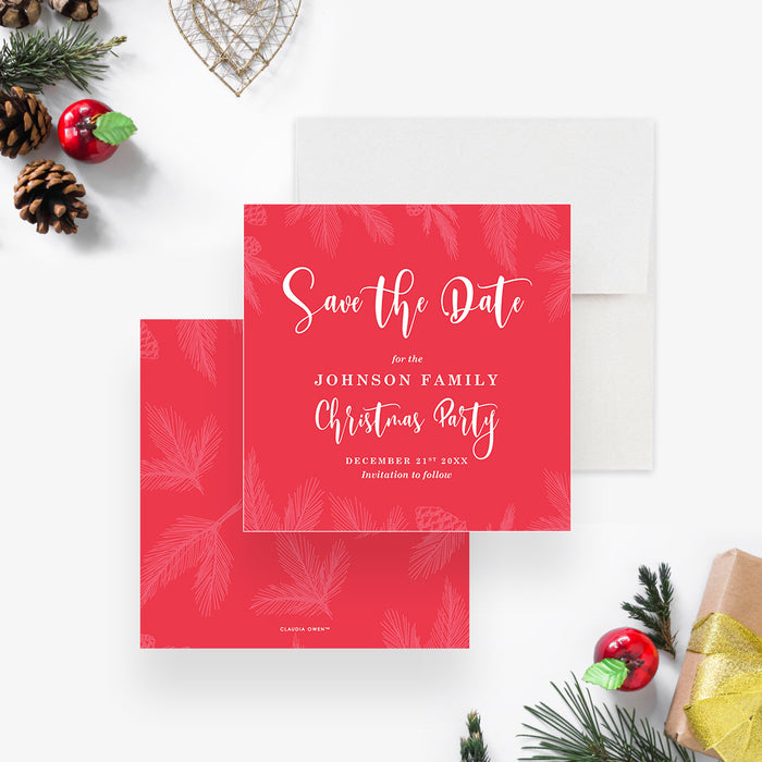 Red Save the Date Card for Christmas Party with Pine Boughs and Pine Cones, Holiday Save the Date Invites, Xmas Save the Date Cards