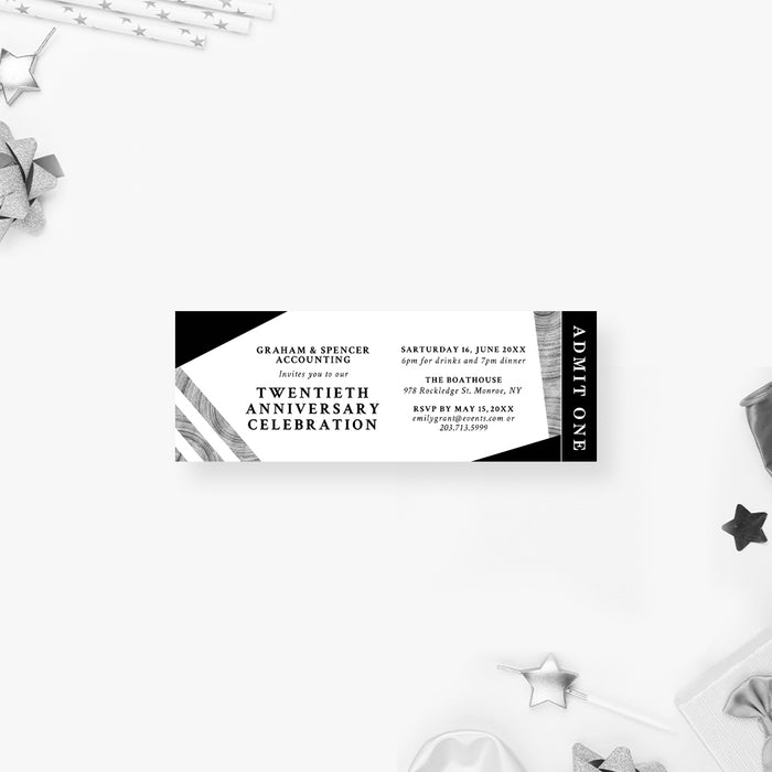 Black and Gray Elegant Ticket Invitation for Business Anniversary, Ticket Invites for Formal Business Events