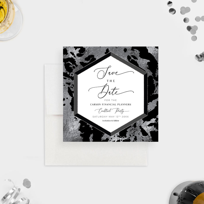 Glamorous Save the Date Card in Black and Silver Marble, Business Save The Date Cards