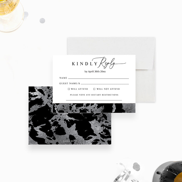 Modern Invitation Card with Black and Silver Marble for Cocktail Party, Cocktail Function