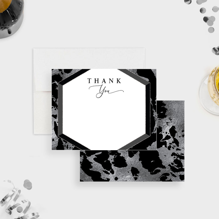 Classy Marble Silver and Black Note Card, Men’s Stationery Thank You Cards
