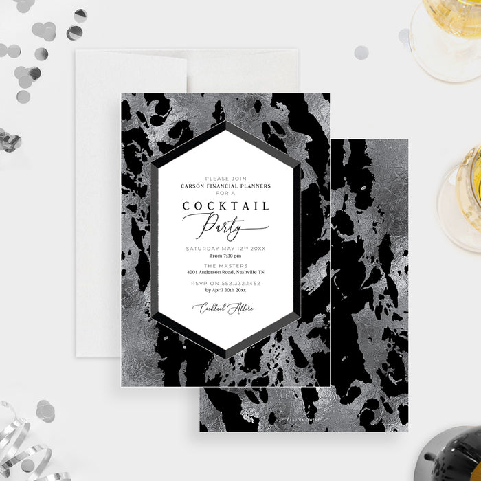 Modern Invitation Card with Black and Silver Marble for Cocktail Party, Cocktail Function