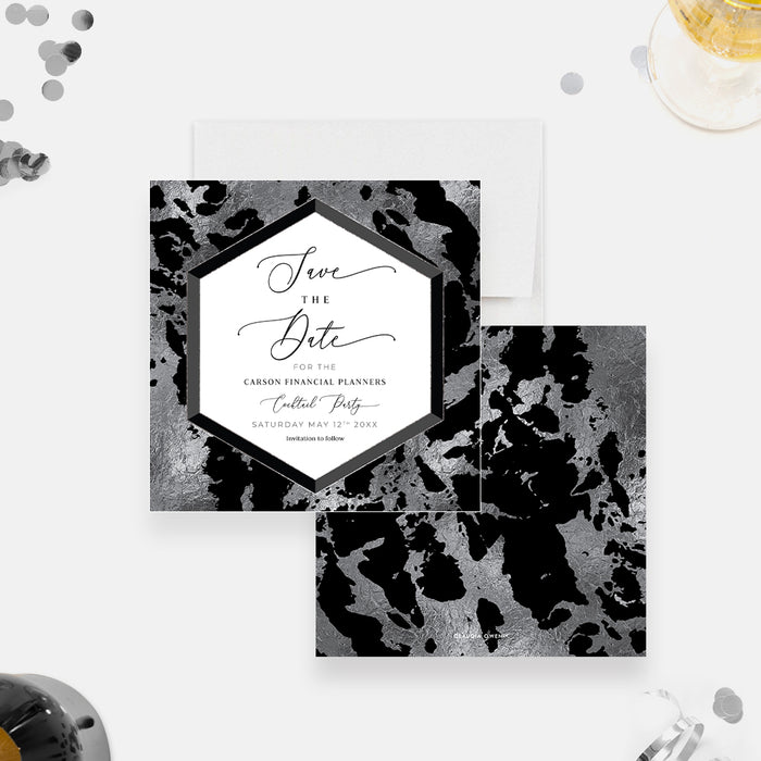 Glamorous Save the Date Card in Black and Silver Marble, Business Save The Date Cards