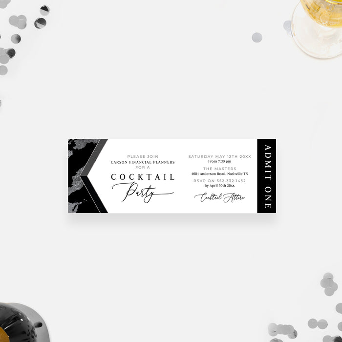 Black and Silver Marble Ticket Invitation Card, Reserve Your Seat at our Cocktail Party Affair