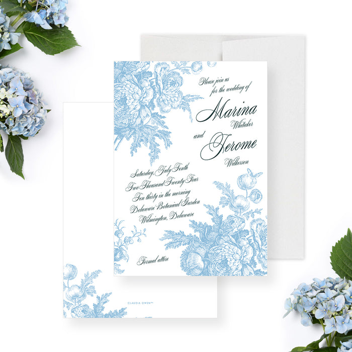 Romantic Bliss, Blue and White Floral Wedding Invitations, Flower Wedding Invites