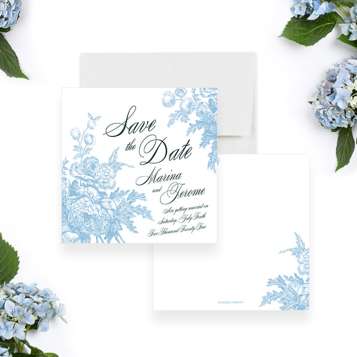 White and Blue Floral Wedding Save the Date Card, Romantic Blooms