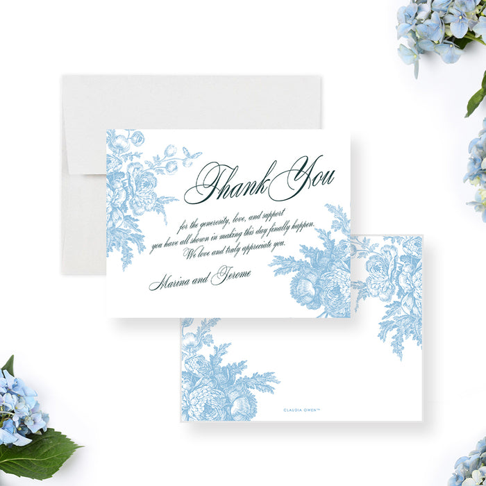 White and Blue Floral Wedding Thank You Cards, Personalized Romantic Stationery For Women