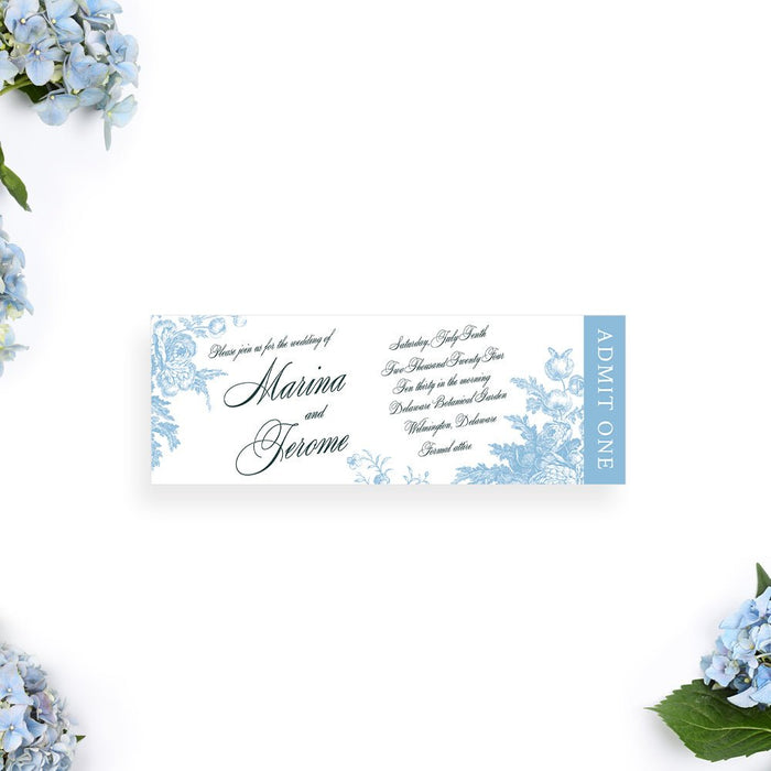 Blue and White Vintage Floral Wedding Ticket Invigation Card, Admit One Ticket Bridal Shower Tickets