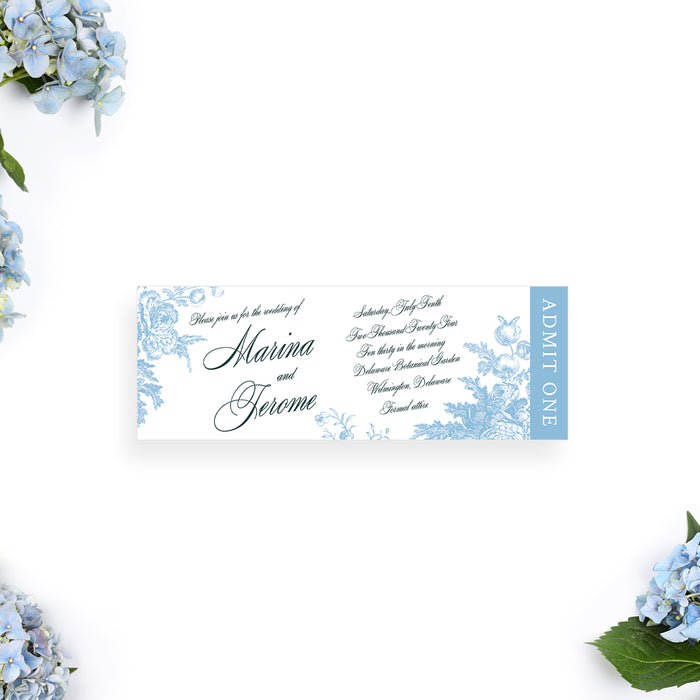 Blue and White Vintage Floral Wedding Ticket Invigation Card, Admit One Ticket Bridal Shower Tickets