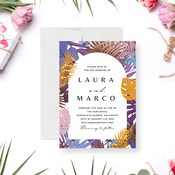 Destination Wedding Invitation Card with Colorful Tropical Leaves, Outdoor Wedding Anniversary Invites