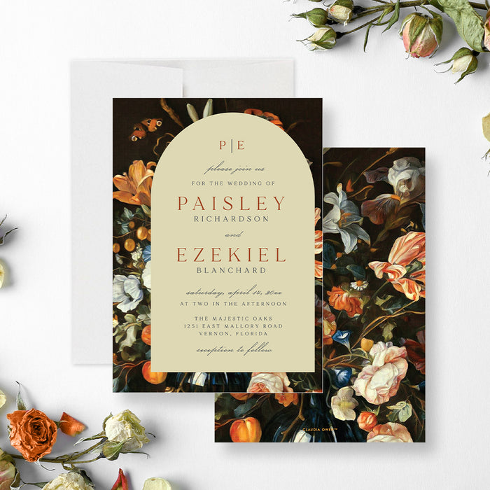 Fall wedding invitation with vintage floral and butterfly illustration for garden romance celebration-front-back